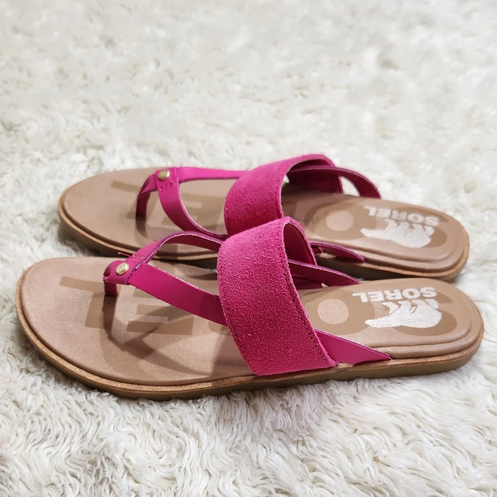 SOREL Ella II Easy Flip Sandals In Fuchsia Fizz Pink / Sea Salt Womens US 7 - Picture 4 of 9